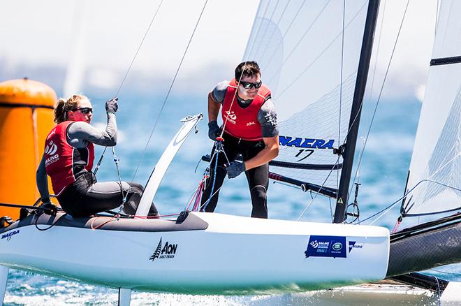 Olivia Mackay and Micah Wilkinson won race six in the Nacra 17 - Sailing World Cup Final - Melbourne 2016 © Pedro Martinez / Sailing Energy / World Sailing